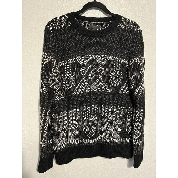 J Crew Black White Mixed Stitch Blanket Aztec Sweater Wool Blend Size Medium - Picture 1 of 5